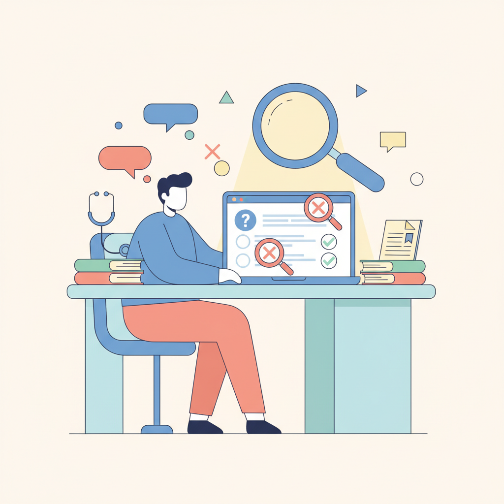 Un étudiant stylisé est concentré à son bureau, utilisant des techniques d'analyse pour repérer et éviter les erreurs et pièges classiques des QCM. Une loupe accentue les pièges, tandis que des cases cochées marquent les bonnes réponses.