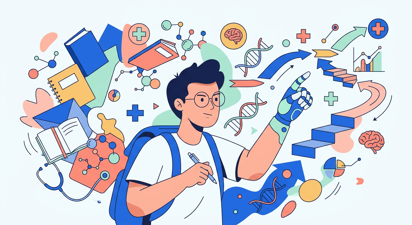 Illustration plate d'un étudiant en PASS/L.AS interagissant avec une IA symbolisant la complexité des concours de santé.