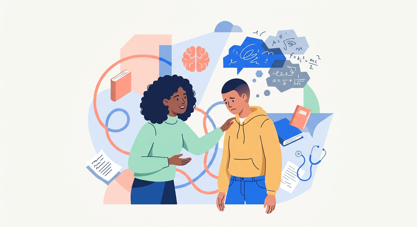 Illustration d'étudiants se soutenant mutuellement pour représenter le coaching mental et l'intelligence émotionnelle.