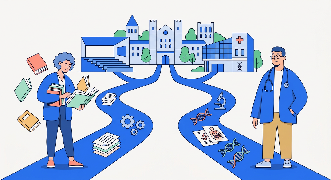 Illustration de deux étudiants stylisés, représentant les parcours PASS et L.AS, convergent vers un bâtiment universitaire stylisé, symbolisant les différentes voies d'accès aux études de santé.