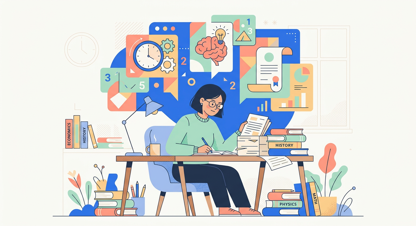 Illustration d'un étudiant stylisé en pleine révision, visualisant des examens, soulignant l'importance des colles et concours blancs pour la préparation aux études de santé.