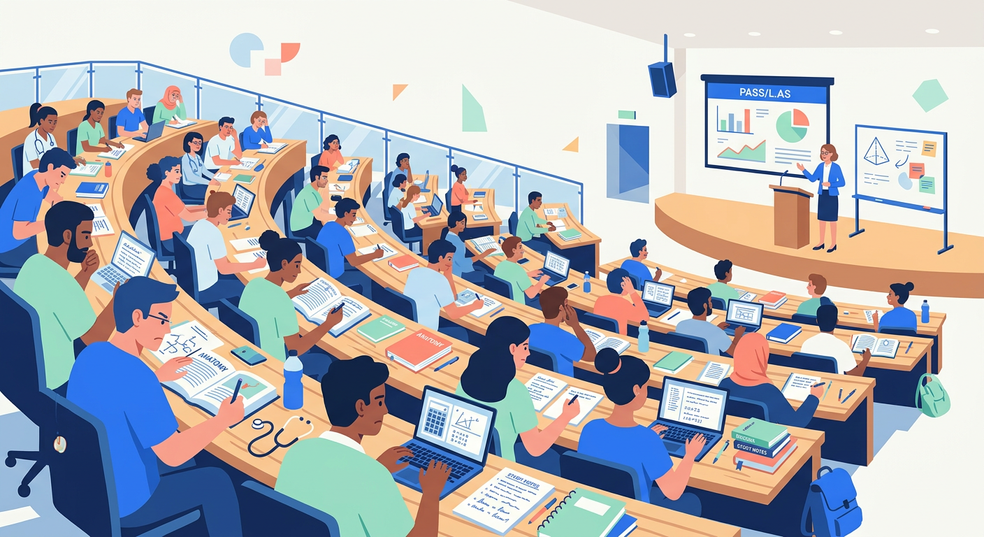 Illustration éditotoriale moderne montrant des étudiants en PASS/L.AS dans un amphithéâtre, illustrant la réalité statistique de la réussite, avec une palette bleu et pastel.