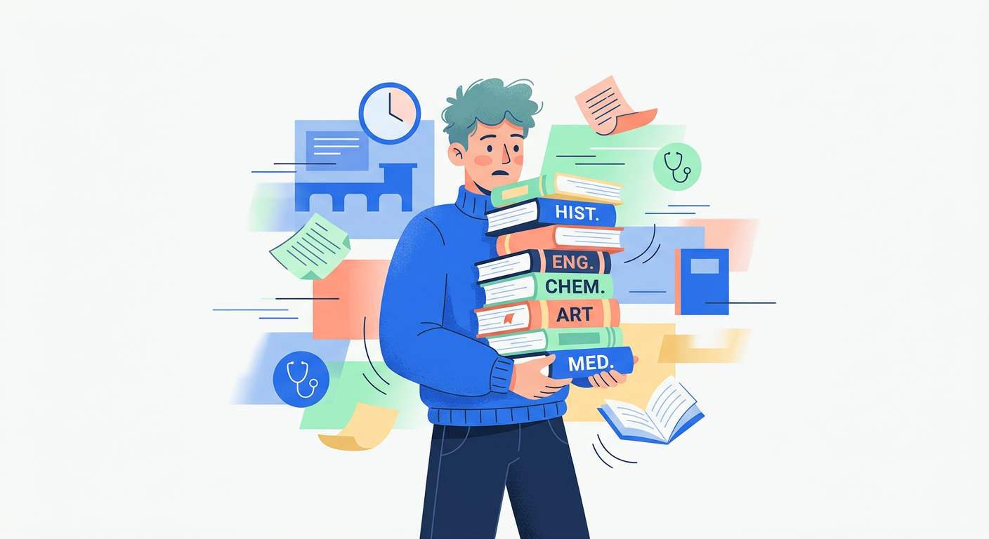 Illustration éditotiale moderne, un étudiant stylisé submergé par de nombreux livres symbolisant la charge de travail intense des études de santé.