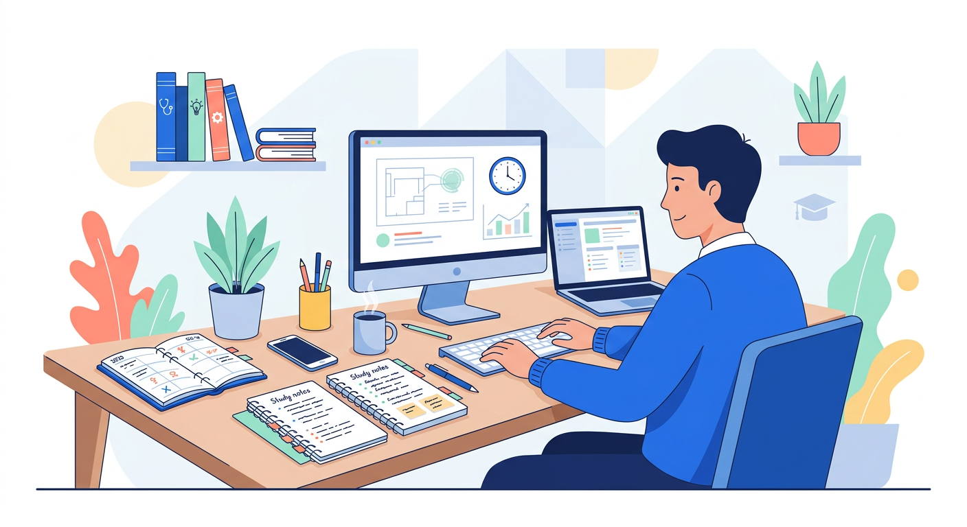Illustration éditotiale moderne, un étudiant organisé travaillant sereinement grâce à une planification efficace de ses études de santé.