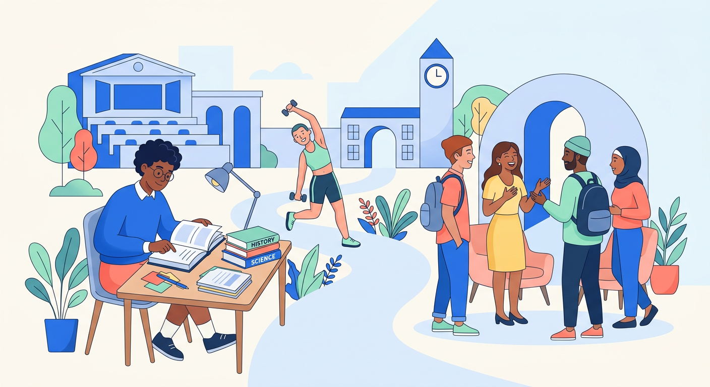 Illustration épurée montrant des étudiants jonglant entre études, sport et vie sociale, symbolisant l'optimisation du temps en prépa médecine, dans un style vectoriel moderne et coloré. Découvrez comment planifier efficacement votre emploi du temps pour libérer des moments précieux pour vos amis et vos loisirs pendant vos études de santé. Une approche équilibrée entre efforts universitaires et bien-être personnel, illustrée avec douceur et dynamisme visuel.