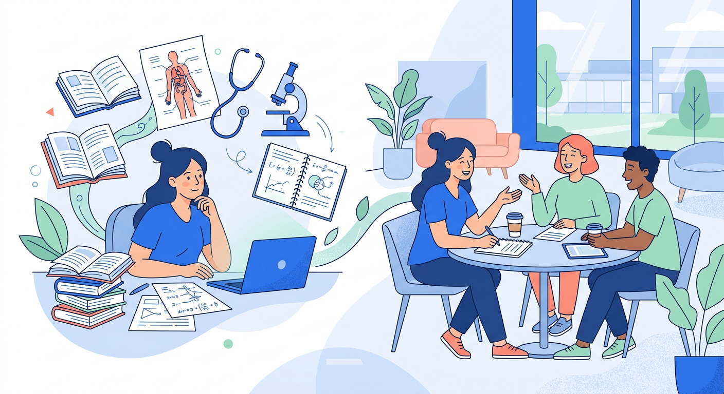 Illustration vectorielle moderne dépeignant le contraste entre l'isolement perçu des étudiants en prépa médecine et la réalité d'une vie sociale active, avec des personnages stylisés se regroupant. Cette image claire et équilibrée remet en question le cliché de l'étudiant reclus, démontrant la possibilité de maintenir des liens sociaux forts tout en poursuivant des études exigeantes. Une composition visuelle où des formes douces et un fond net supportent une narration engageante.