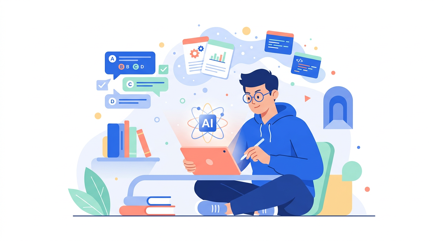 Illustration éditoriale moderne d'un étudiant optimisant ses révisions grâce à l'IA, créant des QCM et des flashcards numériques.