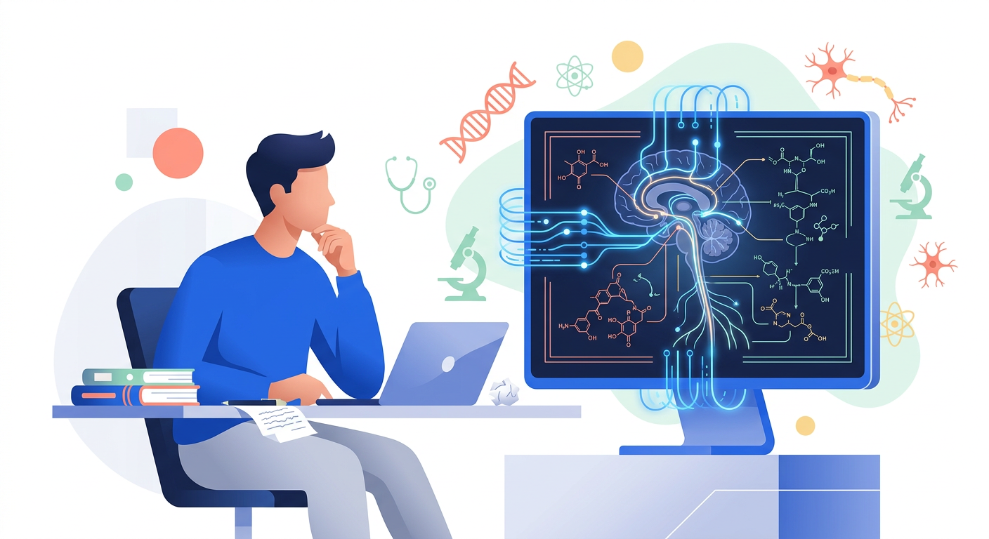 Illustration épurée d'un étudiant en santé utilisant l'IA pour simplifier des concepts médicaux complexes via des visualisations claires.
