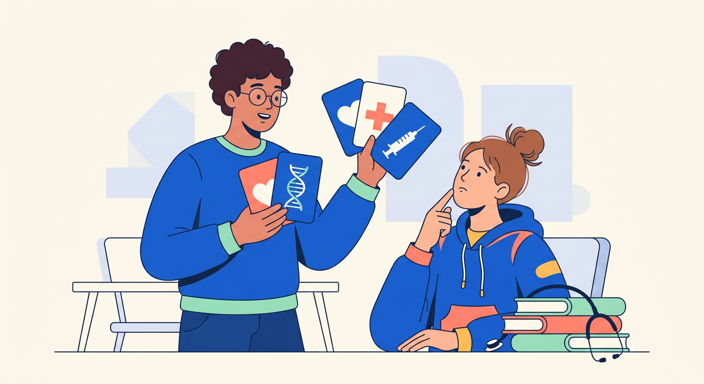 Illustration moderne d'étudiants utilisant des flashcards pour l'apprentissage actif des études de santé, préparant efficacement les QCM et révisions.