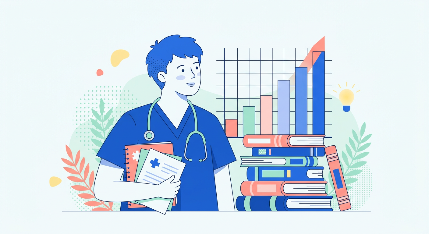 Illustration éditioriale moderne : étudiant en médecine avec stéthoscope et livres, symbolisant les revenus progressifs durant les études médicales.