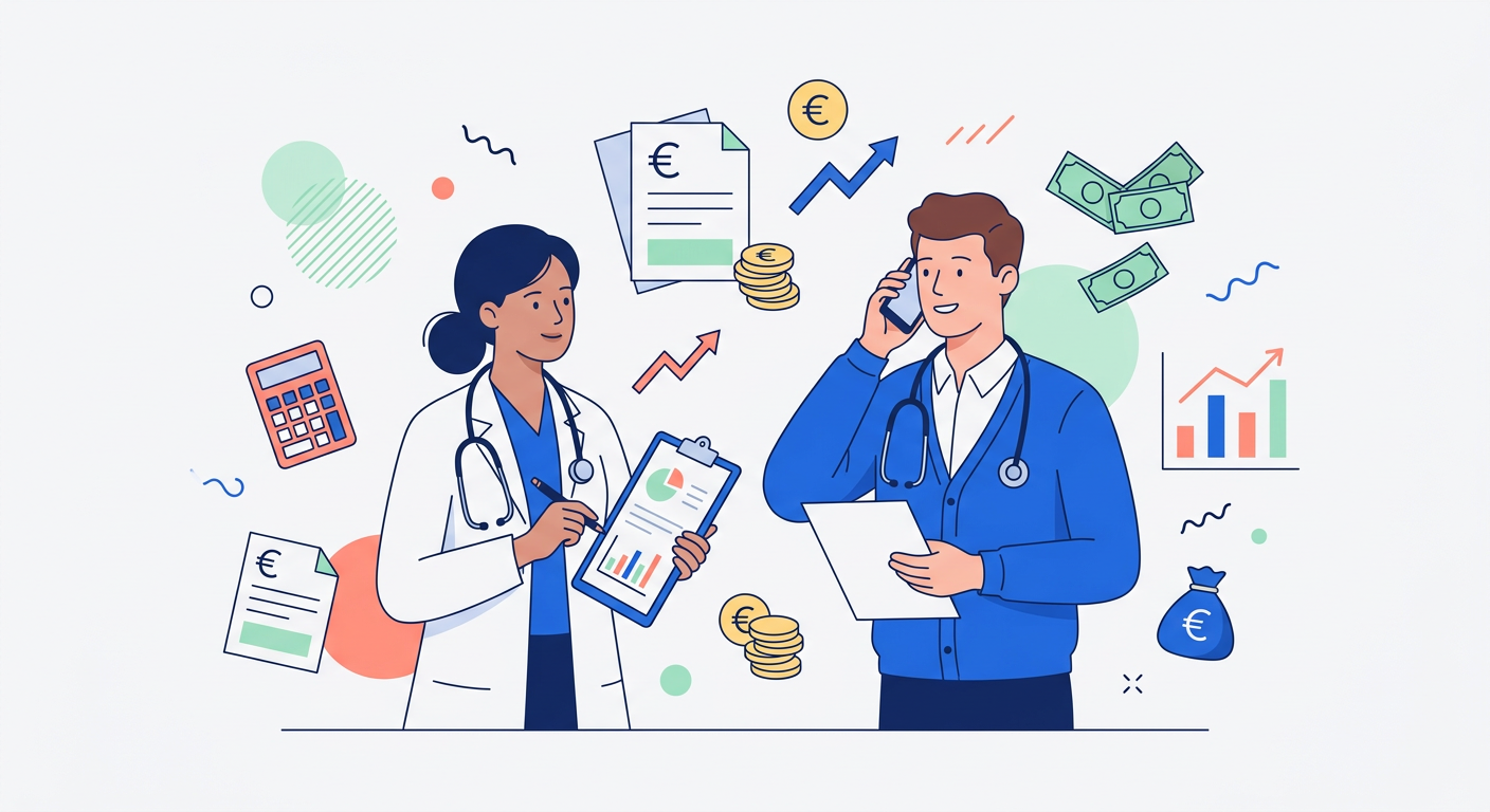 Illustration éditoriale moderne : médecins libéraux avec graphiques financiers, montrant les nuances de leurs revenus et charges professionnelles.
