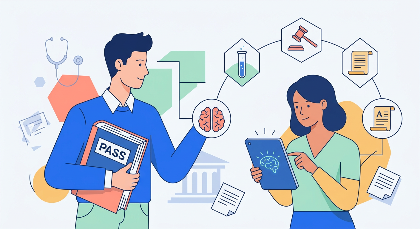 Illustration moderne et colorée d'étudiants en PASS, des concepts visuels de mineures (sciences, droit, histoire) flottent autour d'eux, symbolisant leur fonctionnement.