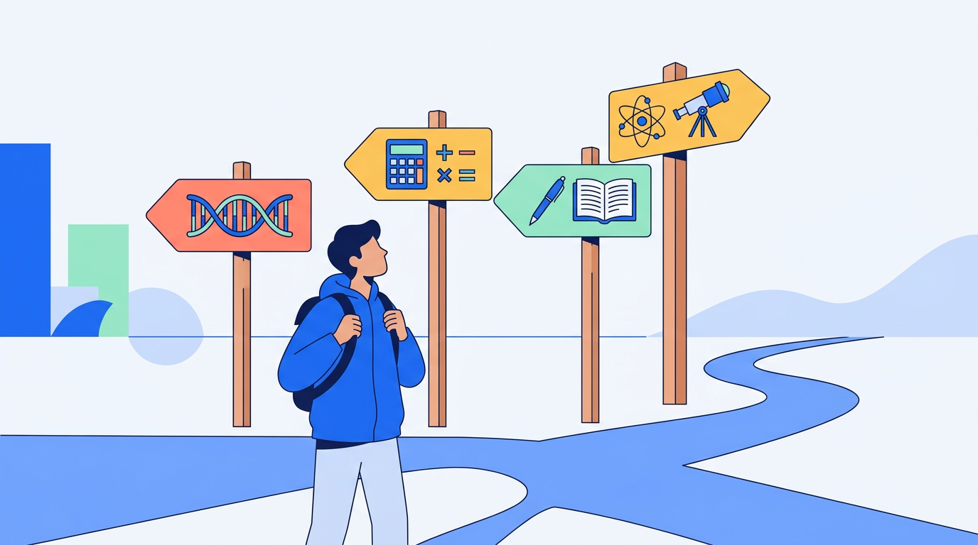 Image éditoriale d'un étudiant ou d'une étudiante symbolisant le choix de sa mineure, à un carrefour avec des panneaux indiquant diverses disciplines d'études supérieures.