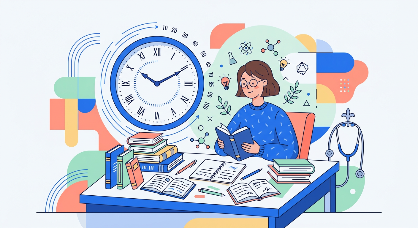 Illustration éditoriale représentant un étudiant ou une étudiante submergé(e) par un grand nombre de livres et d'horloges, symbolisant le volume horaire conséquent des études de santé.