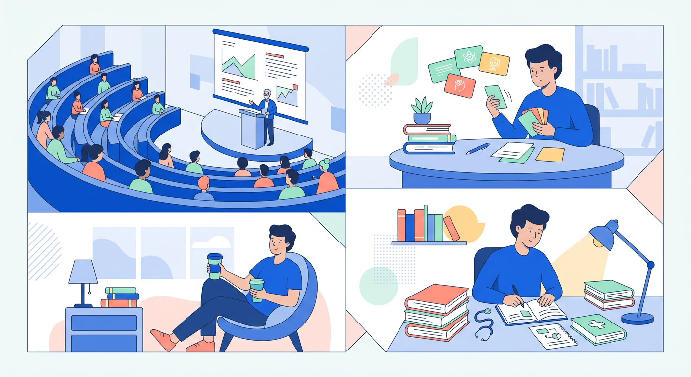 Illustration épurée découpée en plusieurs scènes, décrivant la journée type d'un étudiant en PASS : cours, révisions, et une brève pause, illustrant une gestion du temps rigoureuse.