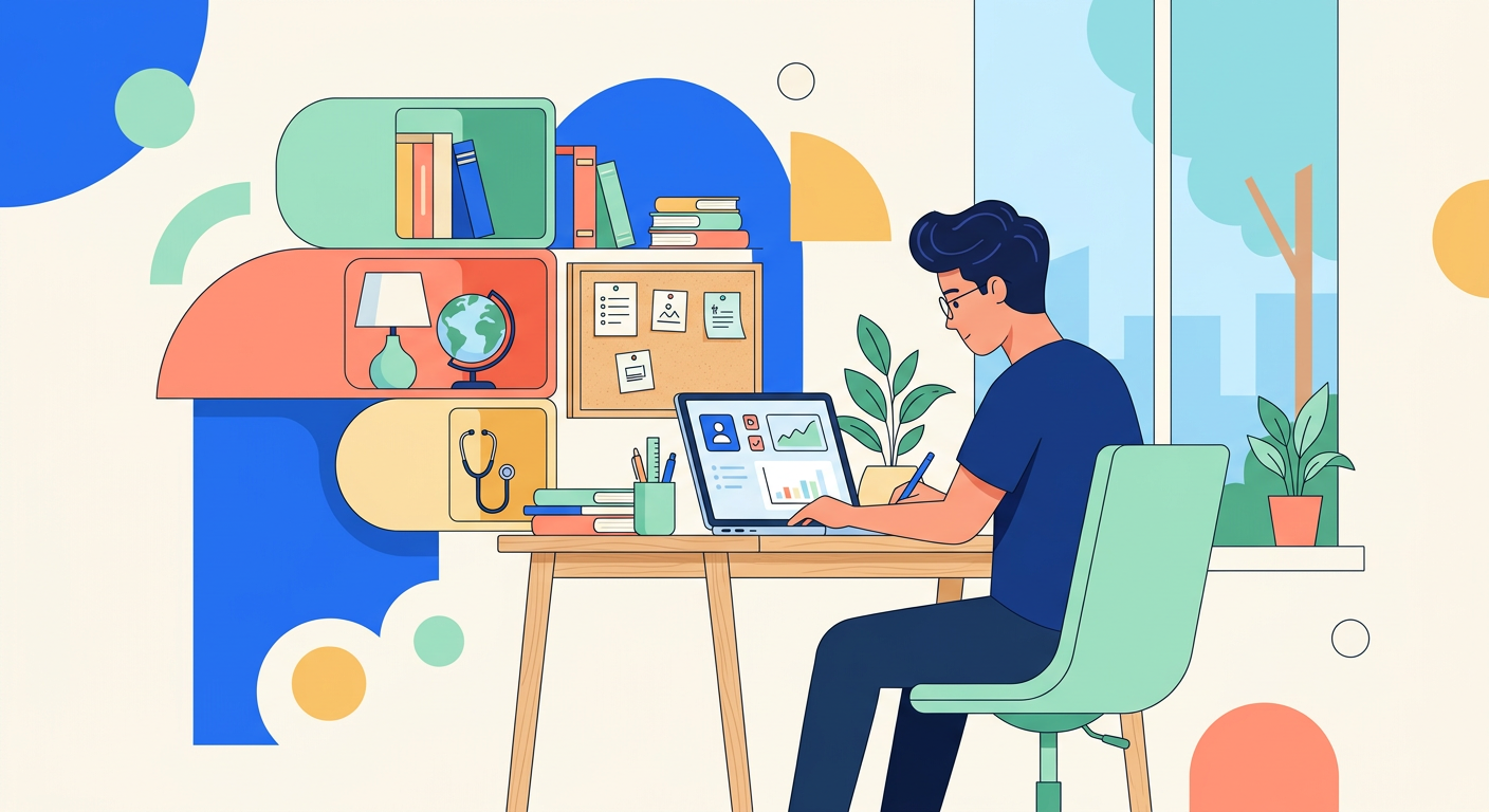 Illustration épurée d'un étudiant concentré et organisé, installé à un bureau dans un environnement apaisant, sans distraction.