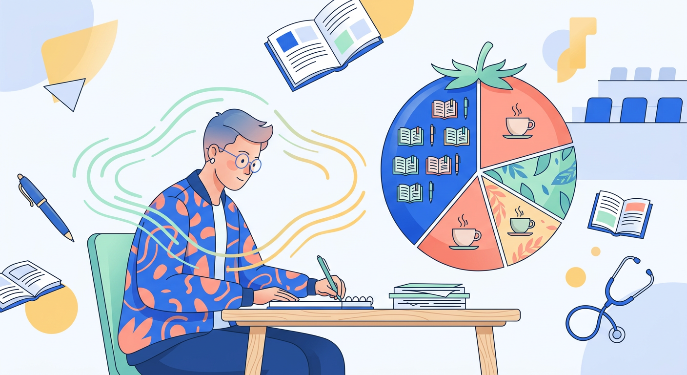 Illustration d'un étudiant utilisant la méthode Pomodoro, visualisée par un chronomètre stylisé segmentant des périodes d'étude et de pause.