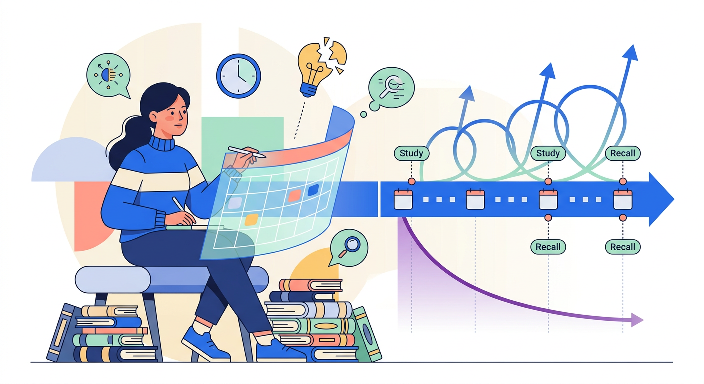 Illustration éditée : Un étudiant stylisé planifiant ses révisions sur un calendrier, symbolisant la répétition espacée pour optimiser votre mémorisation.