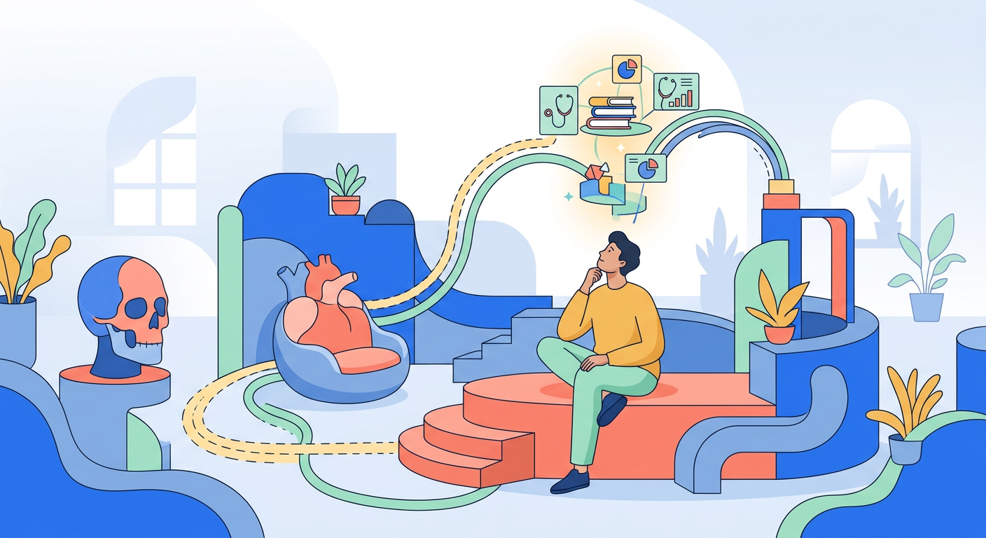 Illustration éditée : Un étudiant évoluant dans un 'palais mental' imaginaire, des éléments anatomiques clés représentant des points de repère pour mieux apprendre.